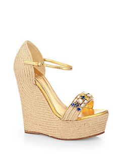 Gucci Jeweled Espadrille Wedge Sandals   Natural Gold