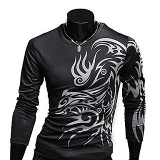 Tattoo Style Round Neck Long Sleeve Slim Fit T Shirt for Men