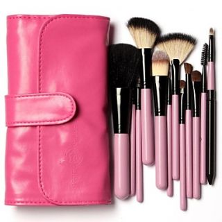 12 Pieces Goat Hair Makeup Brushes in Pink Black Leather Bag Set