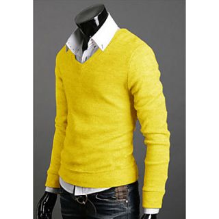 Langdeng Casual Vintage Cotton Slim Knitted V Neck Shirt(Yellow)
