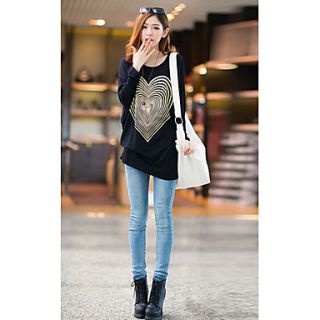 Uplook Womens Casual Round Neck Black Heart Pattern Loose Fit Batwing Long Sleeve T Shirt 316#