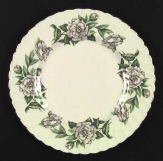 Syracuse Gardenia Dinner Plate, Fine China Dinnerware   White Flowers, Green Lea