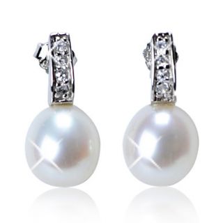 Lovely Sterling Silver Fresh Pearl Earrings with Crystal