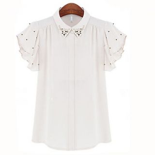 LCL Casual Chiffon Beads Ruffle Short Sleeve Diamonade Shirt(White)