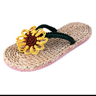 Straw Womens Flat Heel Comfort Sandals with Flower Shoes