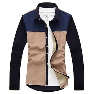 YiRANCP Mens Korean Style Check Pattern Splicing Fitted Long Sleeve Shirt(Khaki)