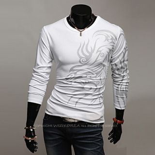 URUN Print Round Collar Long Sleeve T Shirt(White)