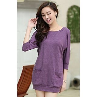 Jingpin Round Neck Pockets Seven Sleeve Long Section T Shirt (Purple)