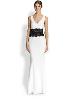 David Meister Belted Lace & Crepe Gown   White Black