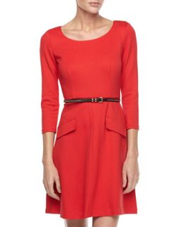 Belted Fit & Flare Dress, Cherry Red