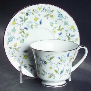 Noritake Chintz Footed Cup & Saucer Set, Fine China Dinnerware   Blue, Tan & Whi