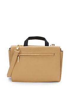 Perforated Faux Leather Satchel   Beige
