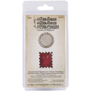 Sizzix Movers and Shapers Magnetic Dies By Tim Holtz 2/pkg mini Bottle Cap and Postage Stamp (1 3/8x1 1/2 to 1 1/2x1 1/2 inch. Design Mini Bottlecap & Postage Stamp (1 1/8x1 1/4 to 1 1/4x1 1/4 inche). Designer Tim Holtz. Imported. )