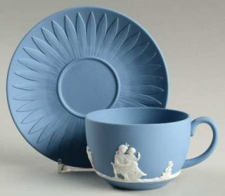 Wedgwood Jasper Classic White On Pale Blue Flat Cup & Saucer Set, Fine China Din