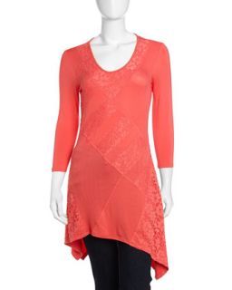 Ribbed Jersey Lace Contrast Dress, Sunrise Coral