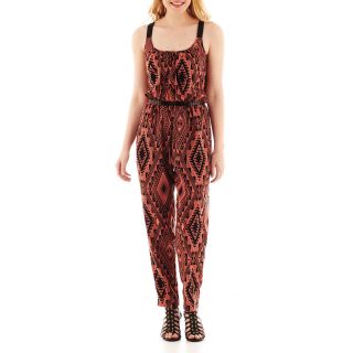 City Triangles Sleeveless Belted Tribal Print Jumpsuit, Coral/blk, Womens