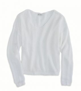 White AE Open Knit V Neck Sweater, Womens S
