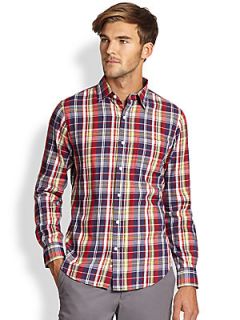  Collection Modern Fit Plaid Cotton Sportshirt   Red Navy