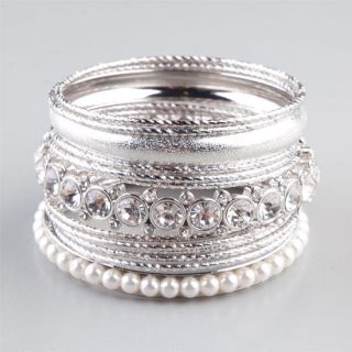 13 Piece Rhinestone/Pearl Bangles Silver One Size For Women 228243140