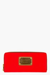 Marc By Marc Jacobs Coral Red Grained Leather Classic Q Slim Zip Around Wallet