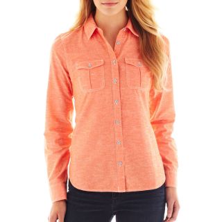 Long Sleeve Button Front Chambray Shirt, Red/Orange