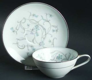 Noritake Alicia Flat Cup & Saucer Set, Fine China Dinnerware   Blue Flowers,Gray