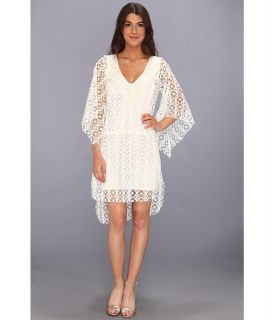Tbags Los Angeles High Low Hem 3/4 Sleeve Crochet Waisted Dress w/ Feather Lace Womens Dress (White)