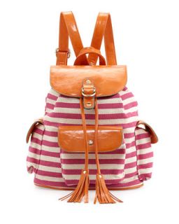 Striped Canvas Combo Drawstring Backpack, Pink/Orange
