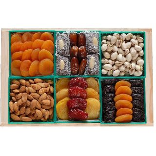 California Fruit Have A Sweet Date Dried Fruit Basket (TanType of basket Rectangular crateIncludes Dates, Plums, Apricots, Pears, Coconut Date Roll, Pistachios and AlmondsWeight 2 poundsFreshness 45 daysPrecautions It may have pitsNumber of Items 2 