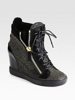 Giuseppe Zanotti Glitter & Suede Lace Up Wedge Sneakers   Black