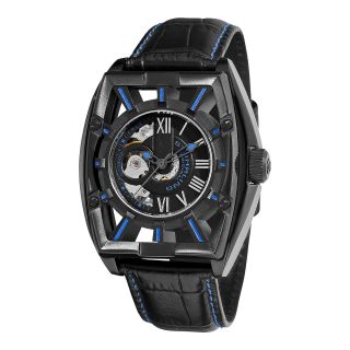 STUHRLING Mens Leather Strap Blue Accent Automatic Skeleton Watch
