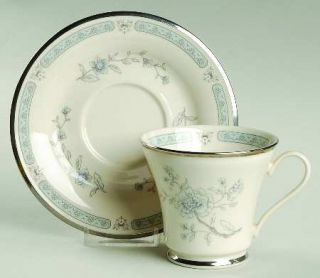 Gorham Peonies Footed Cup & Saucer Set, Fine China Dinnerware   Blue/Gray Band &