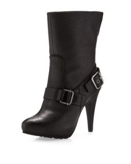 Mimi Strapped Pebble Leather Boot, Black Leather
