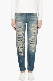 R13 Blue Cropped Distressed Relaxed Jeans