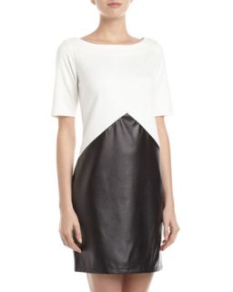 Colorblock Knit Faux Leather Dress, Black/Warm White