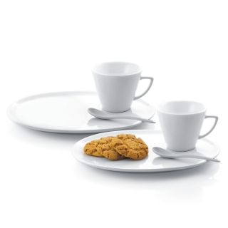 White Porcelain 6 piece Dessert Plate, Saucer And Spoon Set (White Materials PorcelainSet includes Two (2) cups, two (2) oval plates, two (2) teaspoonsPacked in attractive color gift boxService for 2Number of pieces 6Cup dimensions 3 inches high x 3.