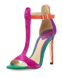 Leigha Suede Colorful T Strap Sandal, Flame/Emerald/Dark Pink