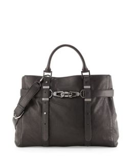 Hutton Large Belted Leather Satchel Bag, Black