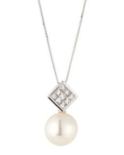 Diamond Square Bale Pearl Pendant Necklace