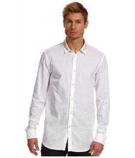 Just Cavalli Gold Embroidered Collar Button Up Mens Long Sleeve Button Up (White)