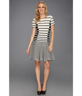Halston Heritage Short Sleeve Stripe Dress w/ Flare Skirt Womens Dress (Gray)