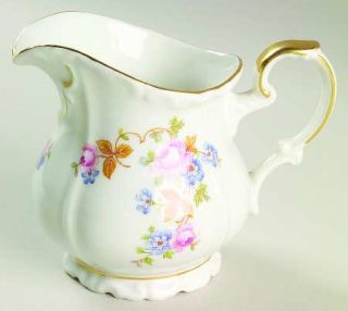 Edelstein Silvia Creamer, Fine China Dinnerware   Pink&Blue Floral, Gold Leaves