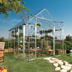 Palram Silver 8x8 foot Snap And Grow Greenhouse (Silver Materials Polycarbonate panels, rust resistance aluminum frame, galvanized steel baseClear panelsPanels 0.8mm thickWeatherproof UV protection 90 percent light transmission and 99.9 percent blocking