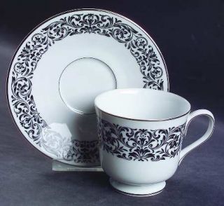 Ekco China Baronesse Footed Cup & Saucer Set, Fine China Dinnerware   Black Bord
