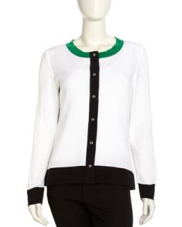 Solid Front Cardigan with Striped Back, Black & White/Green