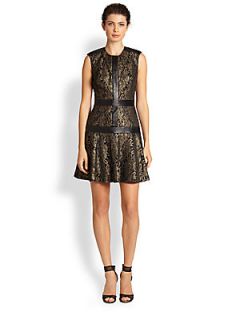 Nicole Miller Sleeveless Leather Trim Brocade Dress   Black Gold