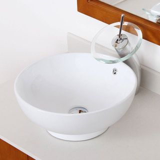 Elite 9851f22tc High Temperature Grade A Ceramic Bathroom Sink With Unique Round Design And Chrome Finish Waterfall Faucet Combo (White Interior/Exterior Both Dimensions 16.5 inches Diameter, 5.5 inches High Faucet settings Tall Vessel Style Faucet Typ