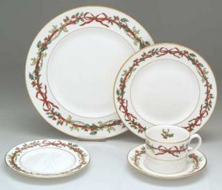 Royal Worcester Holly Ribbons 5 Piece Place Setting, Fine China Dinnerware   Red
