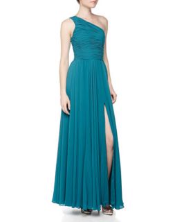 One Shoulder Ruched Chiffon Gown, Teal