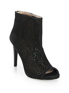 Stuart Weitzman Perforated Suede Peep Toe Ankle Boots   Black